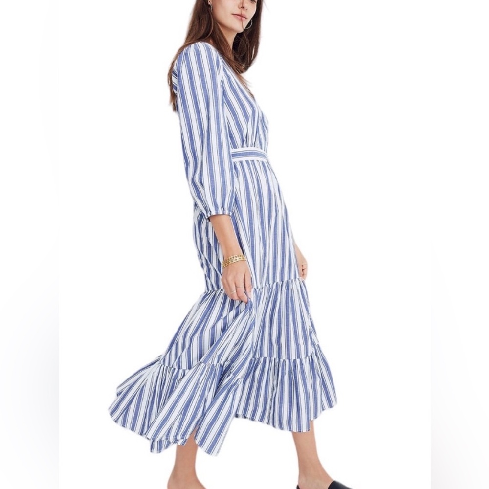 Madewell Midi Maxi Dress Size 14 Ava Blue White Striped Ruffle Tiered V Neck - Picture 6 of 16